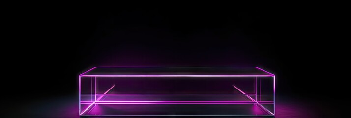 A neon podium on a black background. Podium for promotion brand. Empty stage for product presentation or fashion show performance, pedestal in nightclub dance floor glowing in darkness. Generate AI