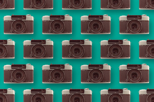 Fototapeta Various retro cameras on blue background