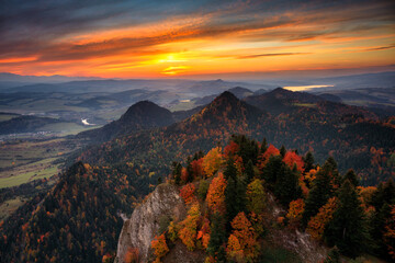 A beautiful sunset in the Pieniny Mountains at autumn. Poland