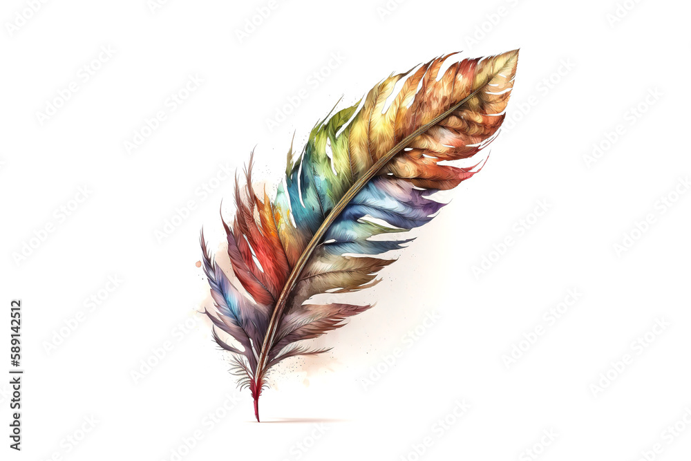 Poster bird feather drawn with multicolored watercolors isolated on white background. generated by ai