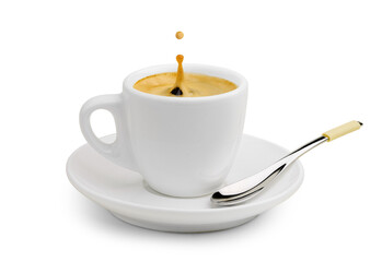 Cup of espresso coffee with a splash drop on a saucer with a spoon isolated on white