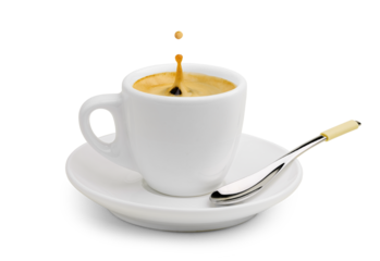 Cup of espresso coffee with a splash drop on a saucer with a spoon isolated on white