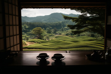 japanese tea garden, teapot and cup of tea, generative ai