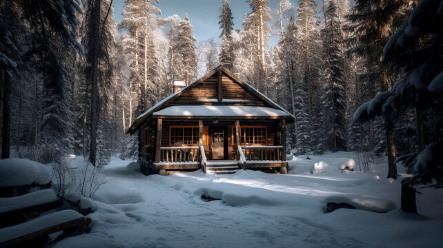 Rustic cabin in the woods during winter, surrounded by snow-covered trees and mountains.