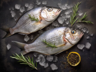Gilt-head bream (dorade) and rosemary on ice top view.