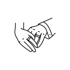 Couple's hands with wedding rings black line icon.