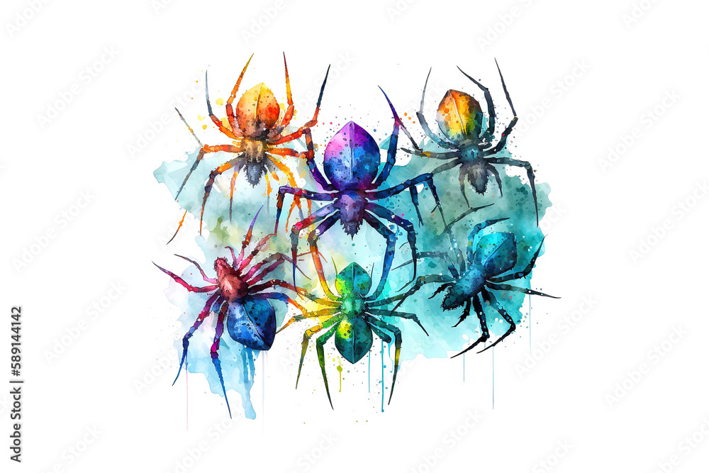 Poster spiders are drawn with multi-colored watercolors isolated on a white background. generated by ai