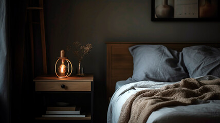 Bedroom with a gray bed, a nightstand, and a lamp. The photo is taken with artificial light coming from the lamp.