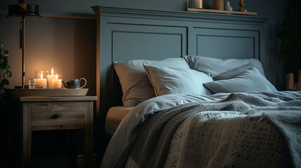 Bedroom with a gray bed, a nightstand, and a lamp. The photo is taken with artificial light coming from the lamp.