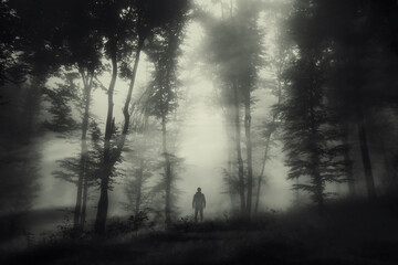 man silhouette in dark fantasy forest landscape