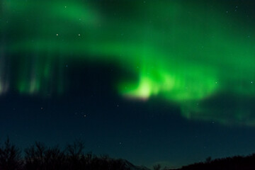 imagen paisaje nocturno con montañas al fondo y una aurora boreal en el cielo estrellado de...