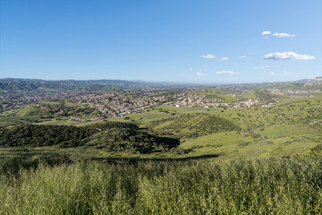 Obraz premium Spring grass hills, meadows and suburban housing in Simi Valley near Los Angeles in Ventura County California. 