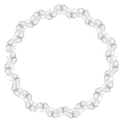 Vector round frame, border from contoured cute butterflys in doodle style. Simple background, decoration for spring, summer, holiday postcard, coloring page