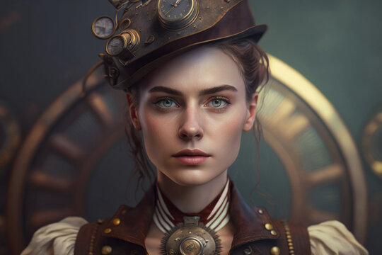 Generative AI illustration of serious young female wearing steampunk style outfit and vintage headdress looking at camera against blurred background