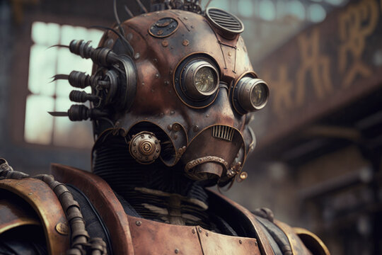 Generative AI illustration of old rusty metal robot with wires and gas mask of steampunk style against blurred background