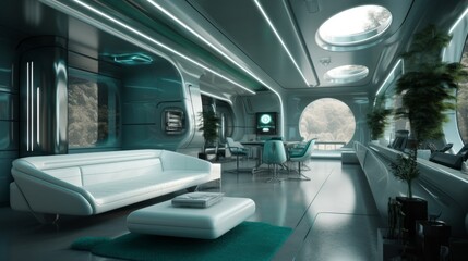 Shiny Sage Green and Turquoise Interior with Award-Winning Design 8K HD: A Bionic White Space with High-Tech Healthcare Equipment and Furniture, Generative AI