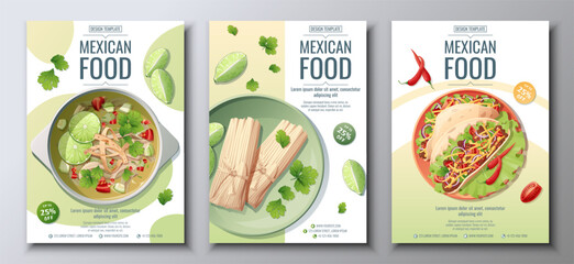 Mexican food flyer set on a green background. Tamales, tacos, lime soup. Banner, menu, poster, advertisement of traditional Mexican food