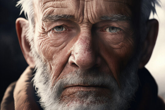 Generative AI image of portrait of gray haired senior male with moustache wrinkles and blue eyes looking at camera against blurred background in side light