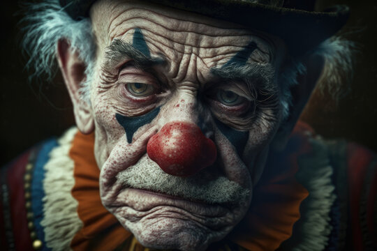 Generative AI closeup image of pensive crop senior wrinkled male clown with makeup and attire looking down with sad eyes in light against dark background