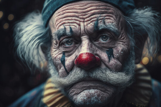 Generative AI closeup image of pensive crop senior wrinkled male clown with makeup and attire looking at camera with sad eyes in light against dark background