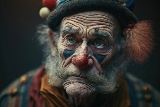 Generative AI closeup image of pensive crop senior wrinkled male clown with makeup and attire looking away with sad eyes in light against dark background