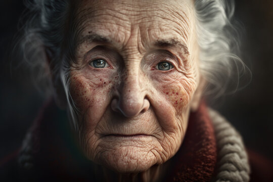 Generative AI image of crop elderly gray haired female looking at camera with wrinkled face and in warm clothes while in light against dark background