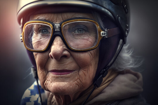Generative AI image of aged gray haired female racer with wrinkles wearing helmet and protective glasses while smiling and looking at camera against blurred background
