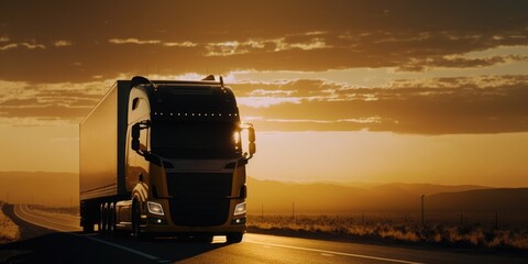 A transport truck riding at a beautiful sunset.