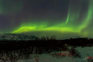 imagen de un paisaje nocturno nevado con una aurora boreal en el cielo de Islandia