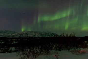 imagen de un paisaje nocturno nevado, con una aurora boreal en el cielo nocturno de Islandia  - obrazy, fototapety, plakaty