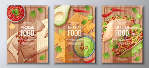 Mexican food flyer set on wooden background. Tamales, nachos, tacos. Banner, menu, poster, advertisement of traditional Mexican food.