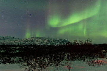 imagen paisaje nocturno con montañas al fondo y una aurora boreal en el cielo estrellado de Islandia  - obrazy, fototapety, plakaty