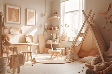 Modern Scandinavian Kids Room with Eco-Friendly Furniture and Bright Interior Design. Generative AI