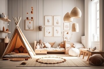 Fototapeta na wymiar Modern Scandinavian Kids Room with Eco-Friendly Furniture and Bright Interior Design. Generative AI