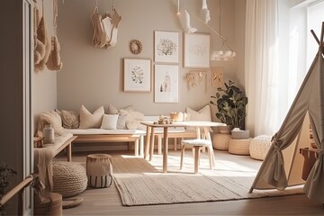 Modern Scandinavian Kids Room with Eco-Friendly Furniture and Bright Interior Design. Generative AI