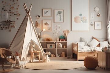 Fototapeta na wymiar Modern Scandinavian Kids Room with Eco-Friendly Furniture and Bright Interior Design. Generative AI