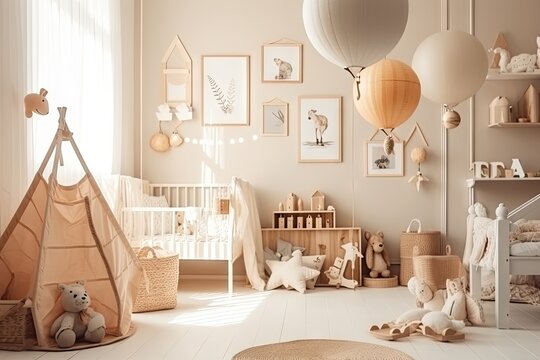 Modern Scandinavian Kids Room with Eco-Friendly Furniture and Bright Interior Design. Generative AI