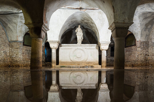 flooded crypt in a Catholic church in Venice, Italy