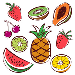 Tropical summer fruits, set of icons isolated on white background, line drawing with colorful shapes, vector illustration.