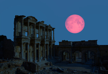 Celsus Library in Ephesus with full moon at night - Kusadasi, Turkey  