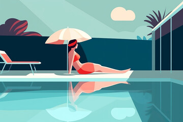 A woman relaxing around a swimming pool on a vacation. Generative ai