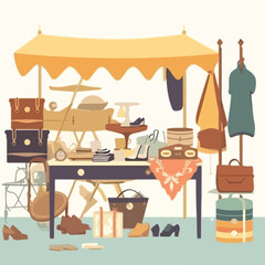 Flea market or second hand store. Reusable clothes and sustainable living concept. Flat vector illustration. Generative AI