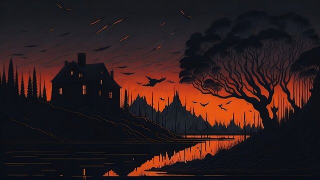 Fototapeta Stunning retro line art landscape illustration wallpaper of Fantasy, Historic, Nature Scene. Generative AI. Graphic Novel, Video Game, Anime, Comic in Anime Style 