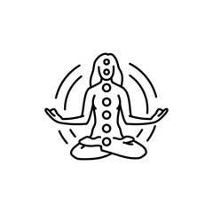 Spiritual meditation black line icon. Chakras and aura.