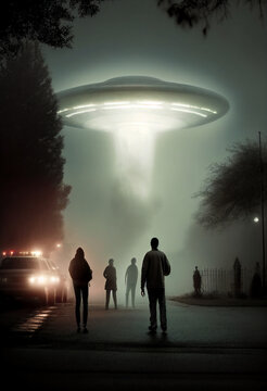 Close encounter of the third kind with a UFO flying saucer spaceship from outer space creating an alien abduction sighting phenomenon of human beings, computer Generative AI stock illustration