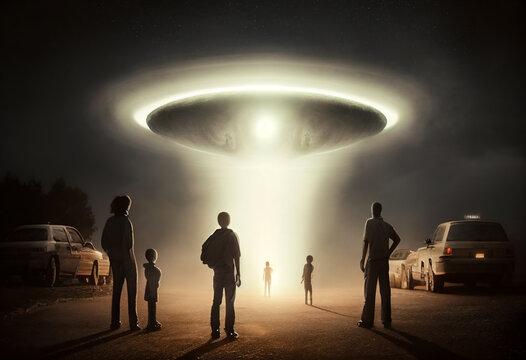 Close encounter of the third kind with a UFO flying saucer spaceship from outer space creating an alien abduction sighting phenomenon of human beings, computer Generative AI stock illustration