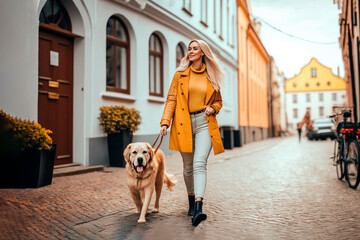Beautiful happy woman walking with a dog at the street