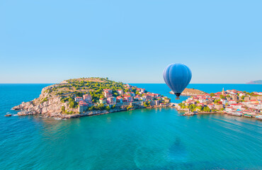 Beautiful cityscape on the mountains over Black-sea, Amasra - Hot air balloon flying over spectacular Amasra