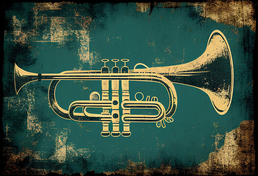 Brass trumpet background with an abstract vintage distressed texture which is a musical instrument used in blues, rock, jazz and classical music, computer Generative AI stock illustration image