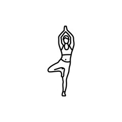 Woman standing in Vrksasana Posture, Tree Pose black line icon.